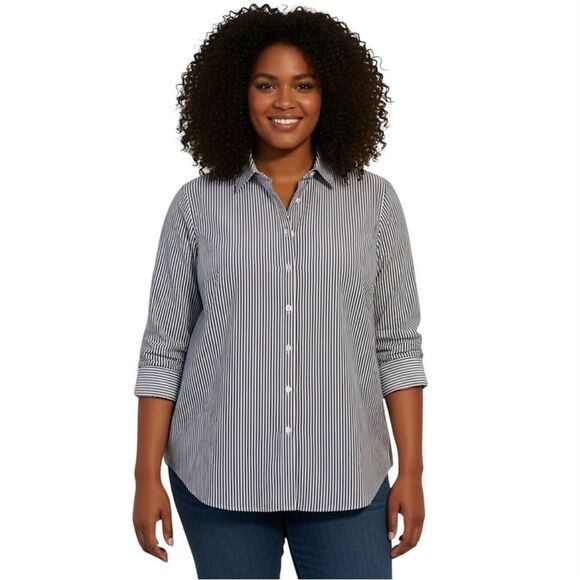 Talbots Striped Wrinkle Resistant Button Down Shirt Navy Blue White Size 16WP - Picture 1 of 7